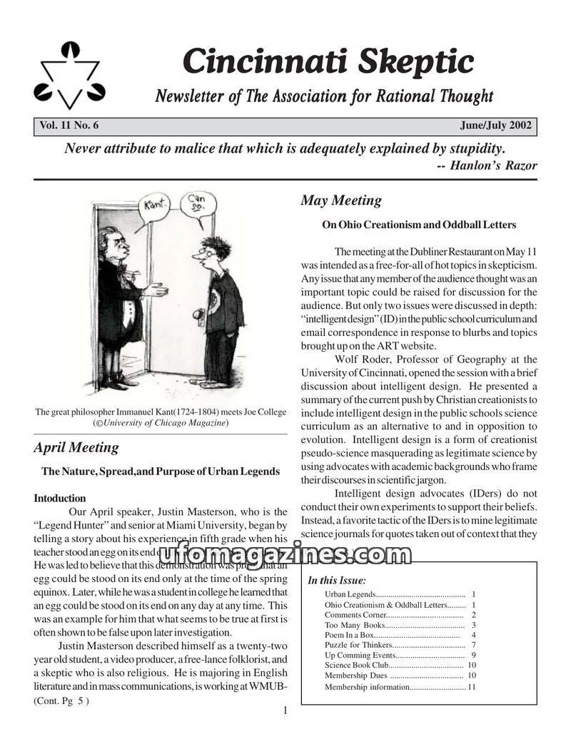 Cover of The Association for Rational Thought issue Vol. 11 No. 6: Cincinnati Skeptic