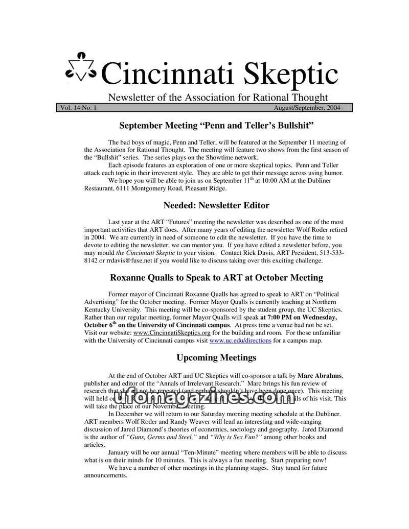 Cover of Association for Rational Thought issue Vol. 14 No. 1: Cincinnati Skeptic