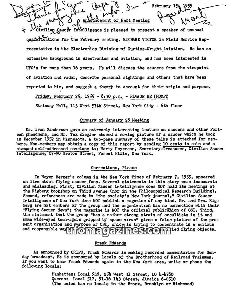 Cover of Civilian Saucer Intelligence (CSI New York) issue Summary of January 28 Meeting: CIVILIAN SAUCER INTELLIGENCE