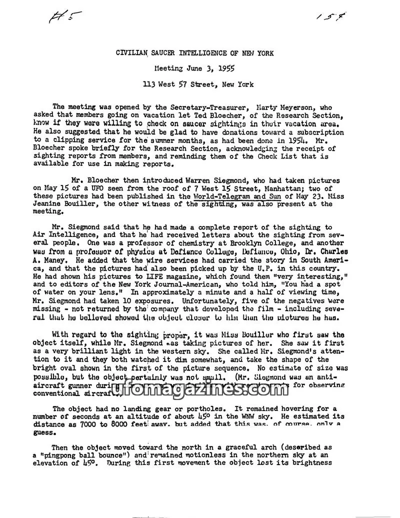 Cover of Civilian Saucer Intelligence (CSI New York) issue June 3, 1955: CIVILIAN SAUCER INTELLIGENCE OF NEW YORK