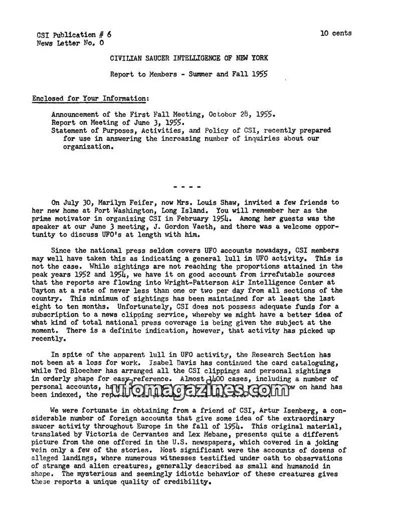 Cover of Civilian Saucer Intelligence (CSI New York) issue Publication # 6, News Letter No. O: CIVILIAN SAUCER INTELLIGENCE OF NEW YORK