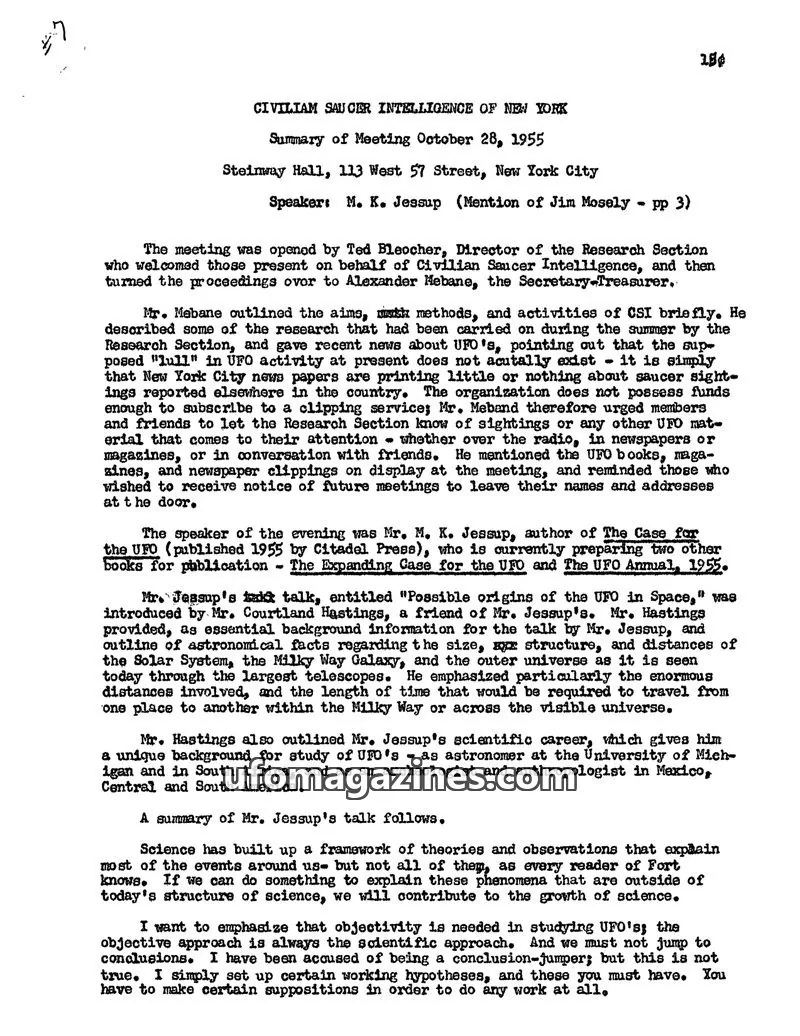 Cover of Civilian Saucer Intelligence (CSI New York) issue Summary of Meeting October 28, 1955: CIVILIAN SAUCER INTELLIGENCE OF NEW YORK