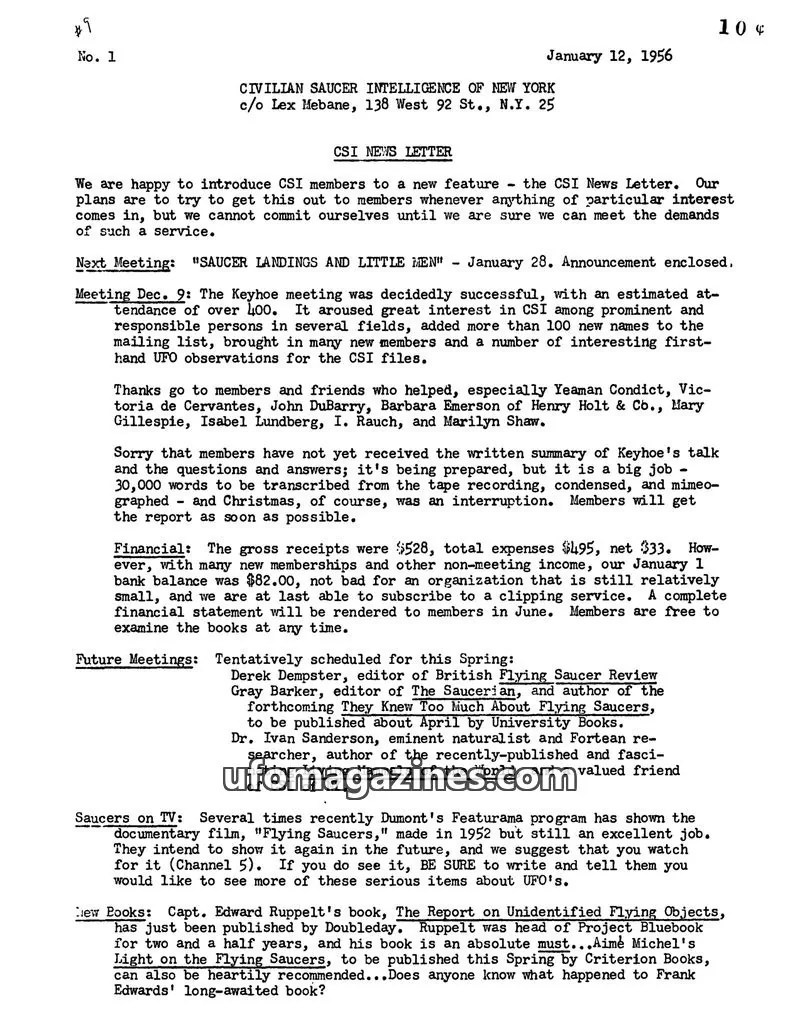 Cover of Civilian Saucer Intelligence (CSI New York) issue No. 1: CSI NEWS LETTER