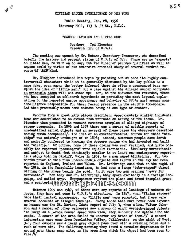 Cover of Civilian Saucer Intelligence (CSI New York) issue Public Meeting, Jan. 28, 1956: CIVILIAN SAUCER INTELLIGENCE OF NEW YORK