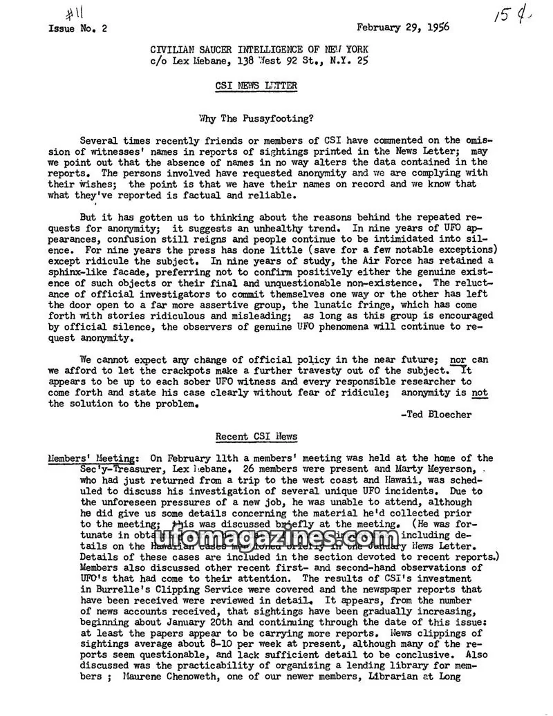 Cover of Civilian Saucer Intelligence (CSI New York) issue No. 2: CSI NEWS LETTER