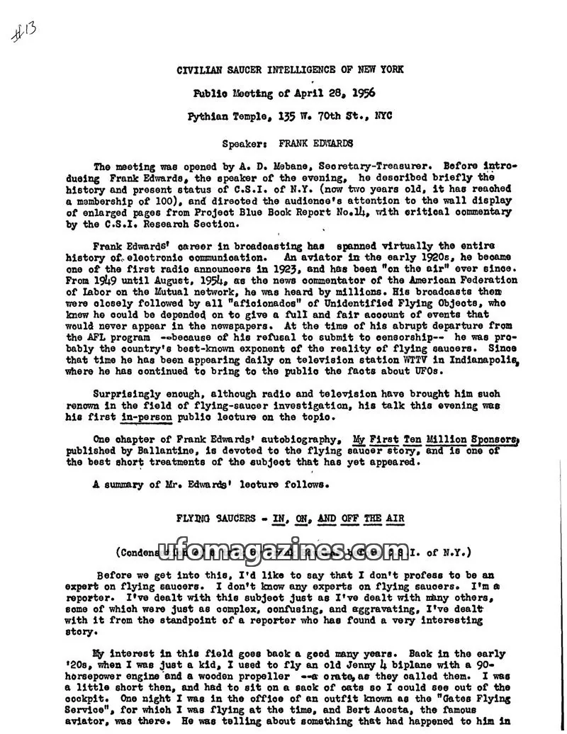 Cover of Civilian Saucer Intelligence (CSI New York) issue Public Meeting of April 28, 1956: CIVILIAN SAUCER INTELLIGENCE OF NEW YORK