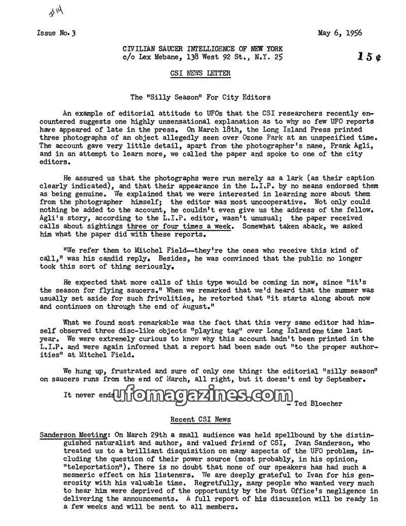 Cover of Civilian Saucer Intelligence (CSI New York) issue 3: CSI NEWS LETTER