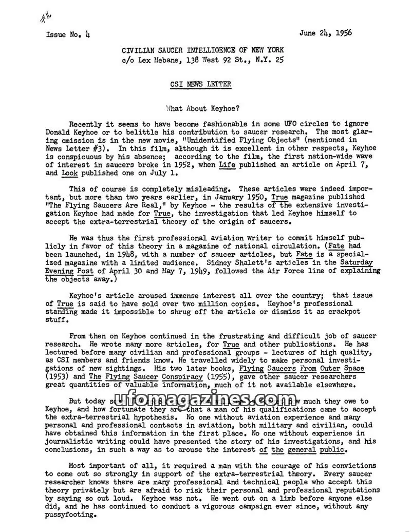 Cover of Civilian Saucer Intelligence (CSI New York) issue No. 4: CSI NEWS LETTER