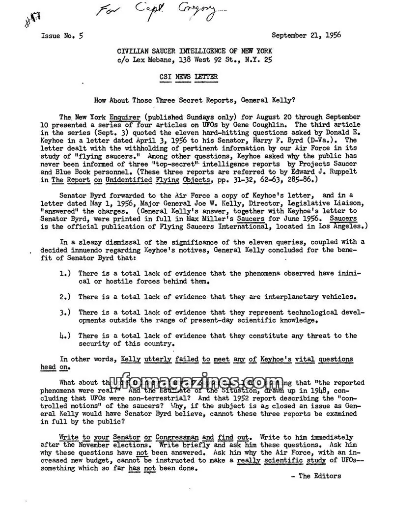 Cover of Civilian Saucer Intelligence (CSI New York) issue No. 5: CSI NEWS LETTER