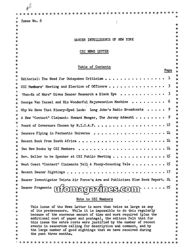 Cover of Civilian Saucer Intelligence (CSI New York) issue No. 6: SAUCER INTELLIGENCE OF NEW YORK