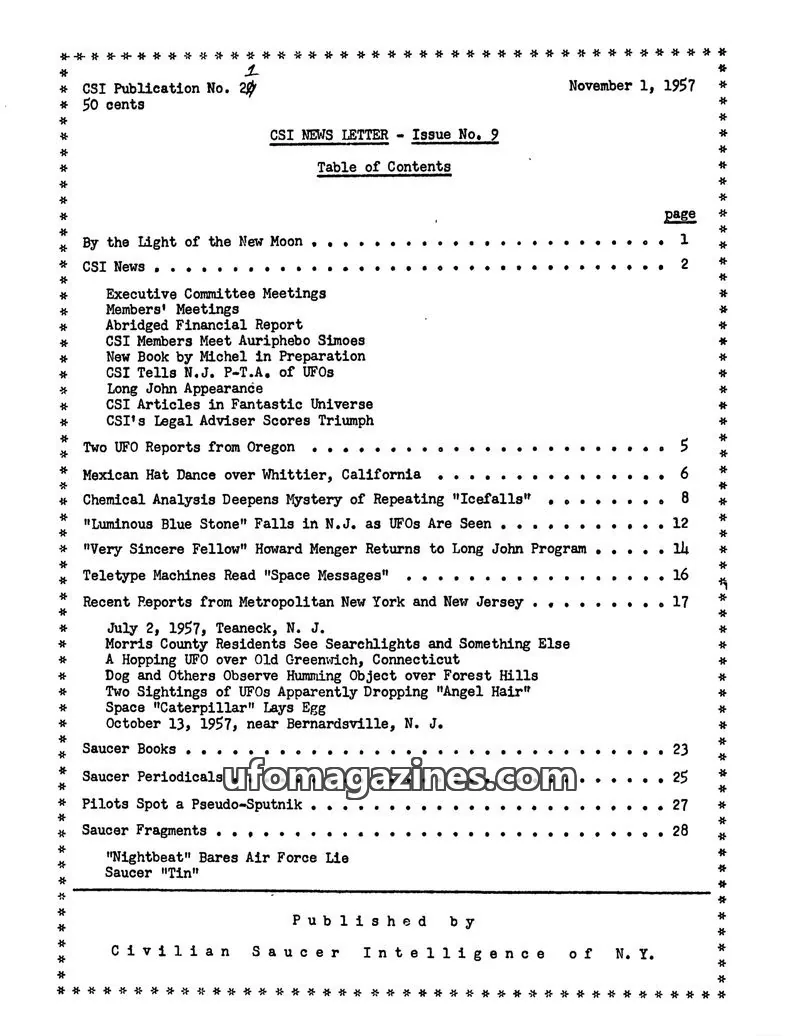 Cover of Civilian Saucer Intelligence (CSI New York) issue No. 9: CSI NEWS LETTER