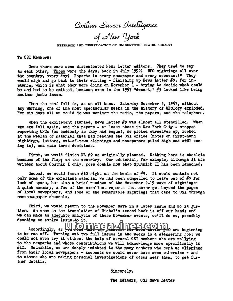 Cover of Civilian Saucer Intelligence (CSI New York) issue 10: CSI NEWS LETTER