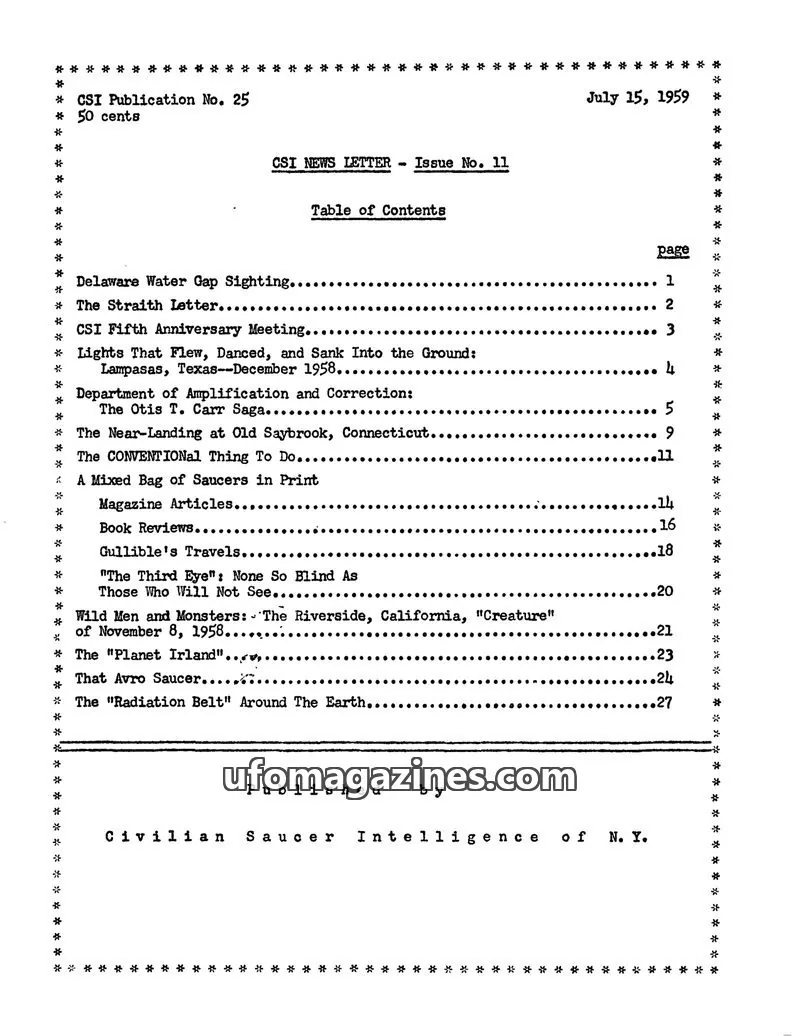 Cover of Civilian Saucer Intelligence (CSI New York) issue Issue No. 11: CSI NEWS LETTER