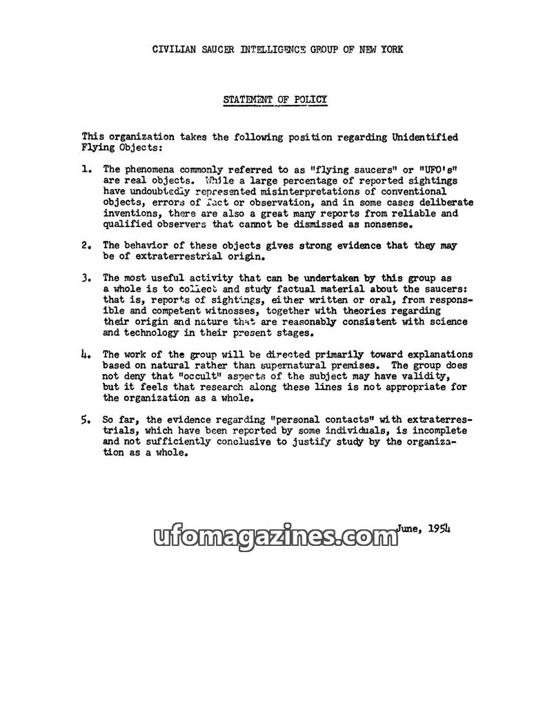Cover of CIVILIAN SAUCER INTELLIGENCE GROUP OF NEW YORK issue June 1954: CIVILIAN SAUCER INTELLIGENCE