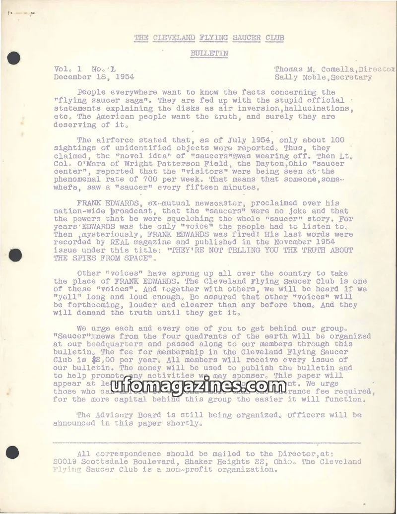 Cover of Cleveland FSC Bulletin issue Vol. 1 No. 1: THE CLEVELAND FLYING SAUCER CLUB BULLETIN