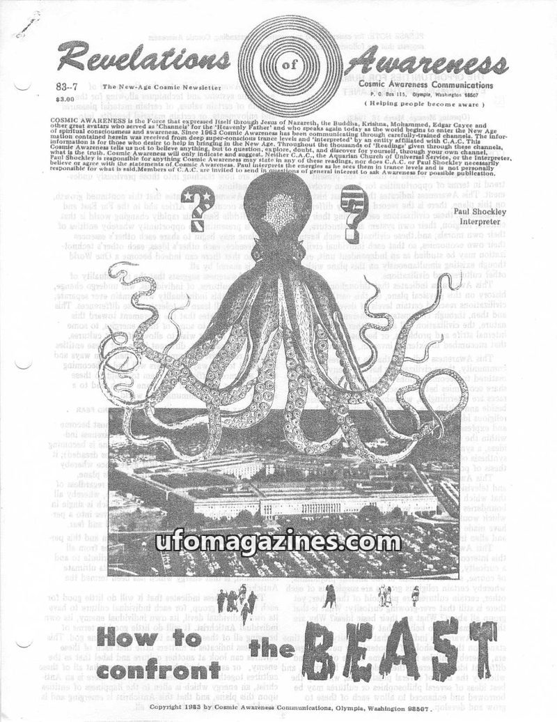 Cover of Cosmic Awareness - 1983 07 - religion christianity jesus war vibration murder prayer gandhi god the beast