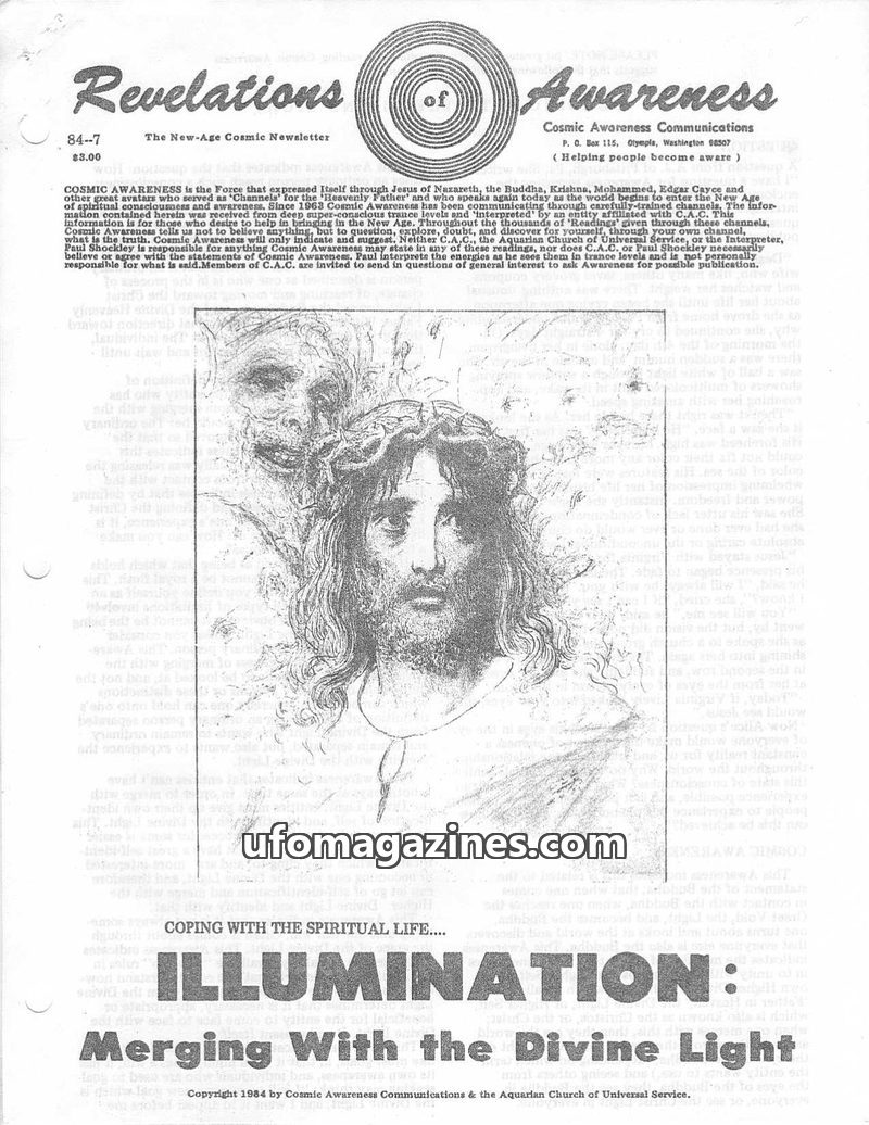 Cover of Cosmic Awareness - 1984 07 - religion enlightenment love christianity hinduism kava christ guilt quaker space