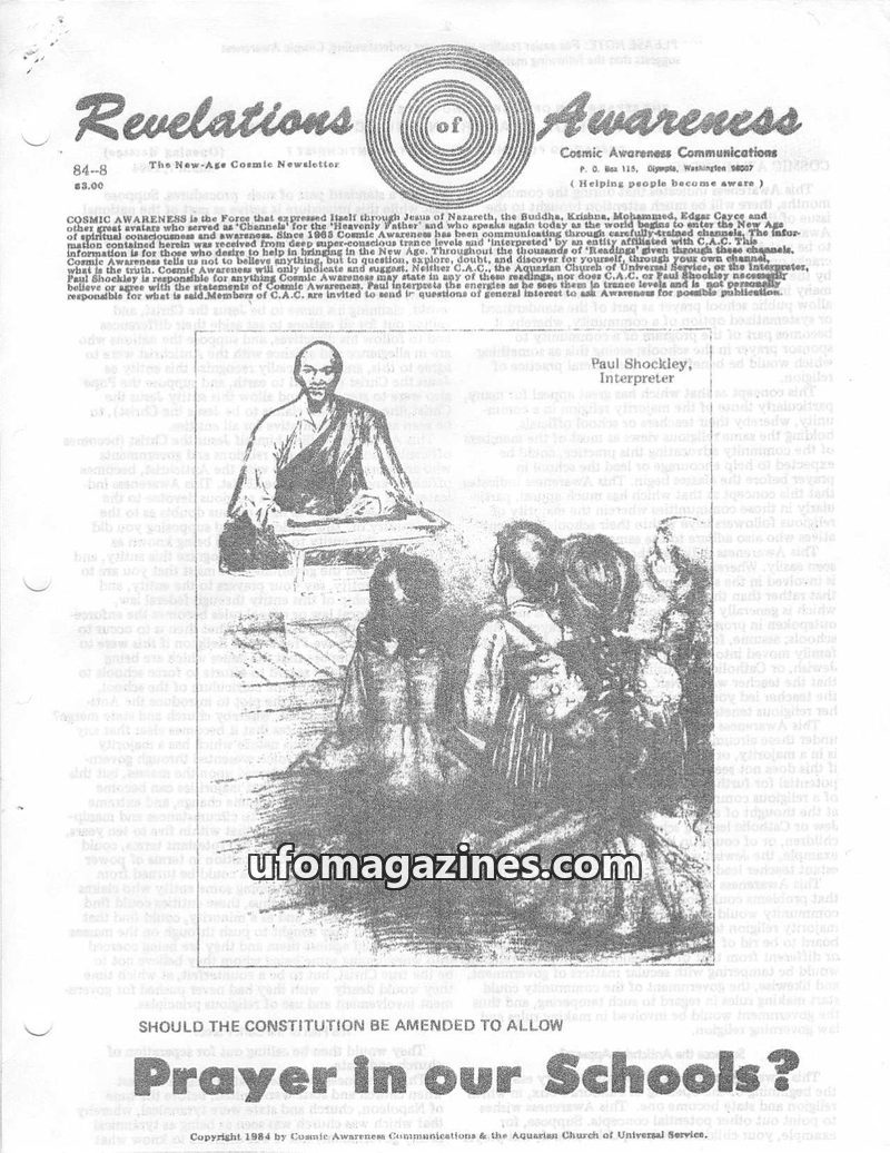 Cover of Cosmic Awareness - 1984 08 - religion prayer church constitution patriotism psychology mind christ russia nuclear