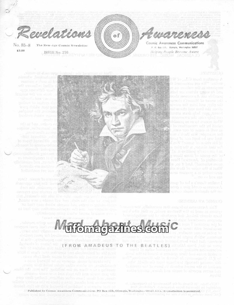 Cover of Cosmic Awareness - 1985 08 - music religion marriage mozart maitreya war health beatles gold afterlife