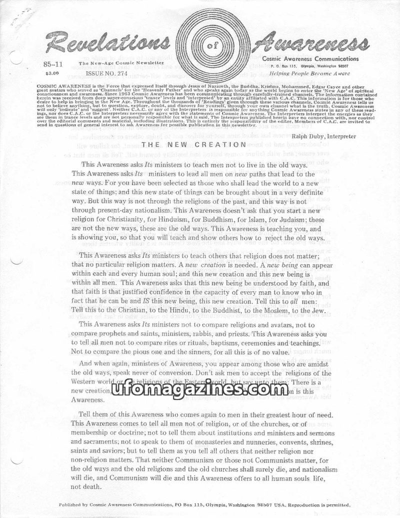 Cover of Cosmic Awareness - 1985 11 - religion money usa economy finance politics communism bankers president reagan