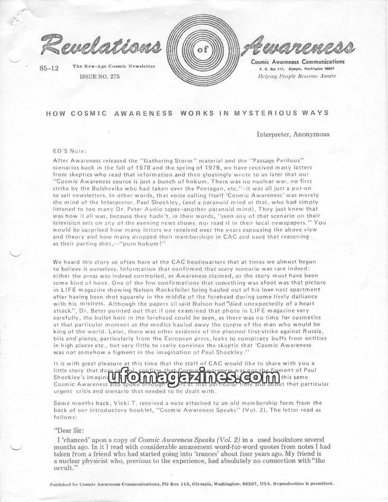 Cover of Cosmic Awareness issue NO. 275: Revelations of Awareness