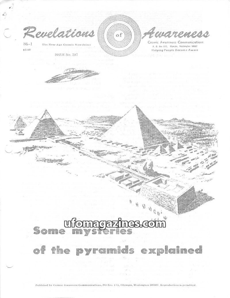 Cover of Cosmic Awareness - 1986 01 - pyramid religion hall of records robotoid robotoids robots synthetics health biblical secret