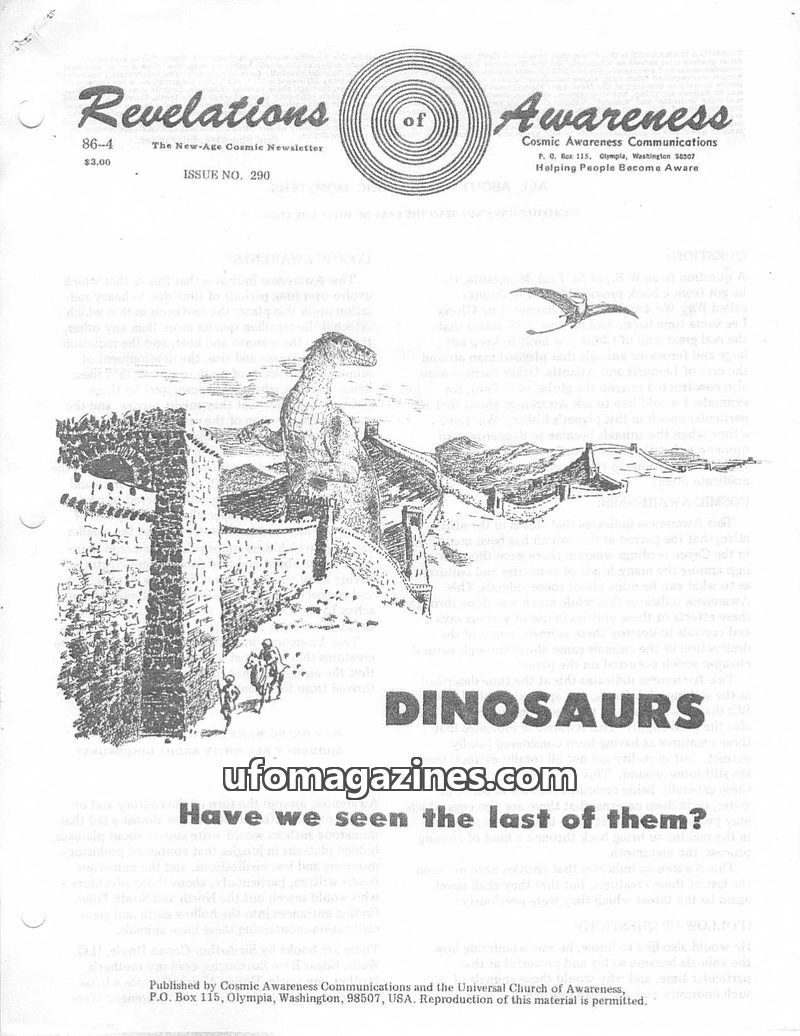 Cover of Cosmic Awareness - 1986 04 - dinosaur religion health secret alchemy bolshevik cosmic law law of law of change drug