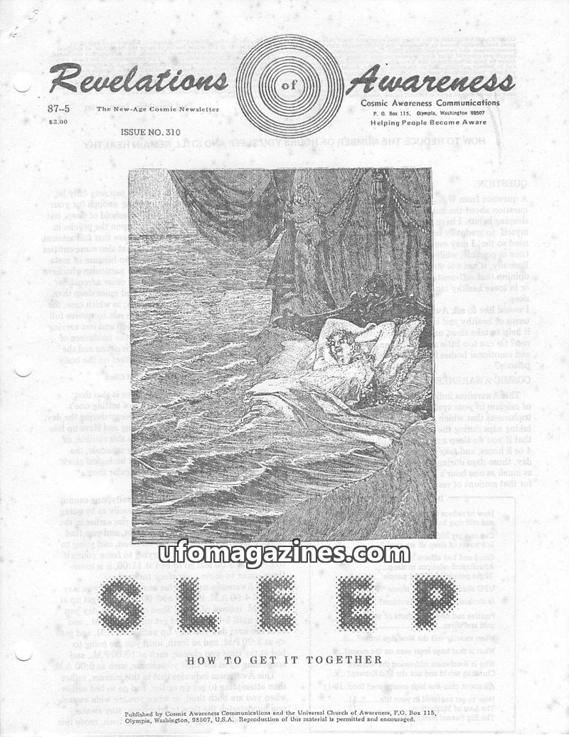 Cover of Cosmic Awareness - 1987 05 - sleep health alcohol psychology mind alien stress gold law of religion