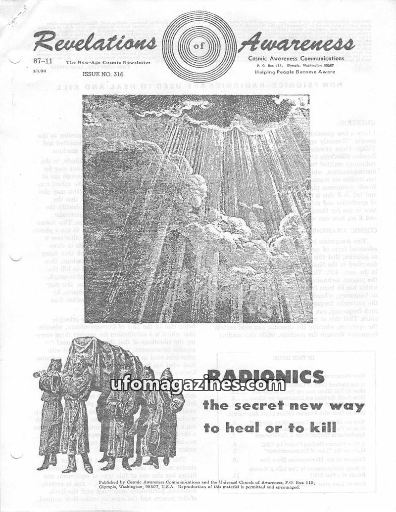Cover of Cosmic Awareness - 1987 11 - health psionic heal robotoids robots synthetics robotoid white light radionics alien