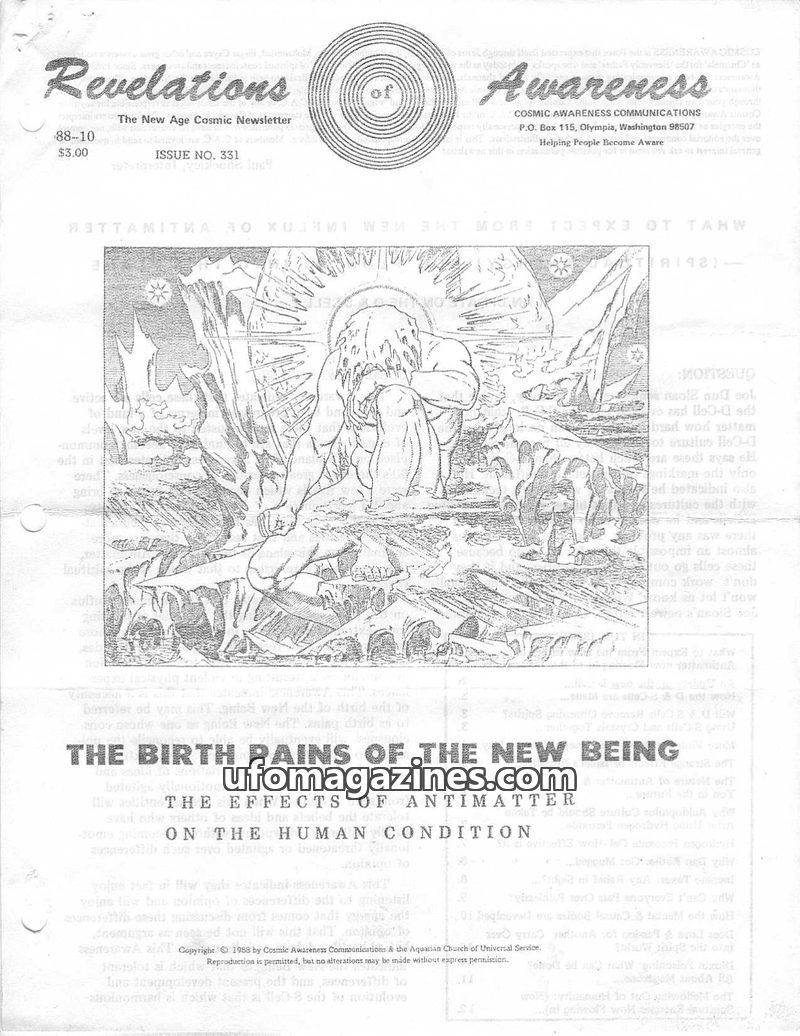 Cover of Cosmic Awareness - 1988 10 - antimatter health hydrogen s cell hydrogen peroxide afterlife death birth love d cell water