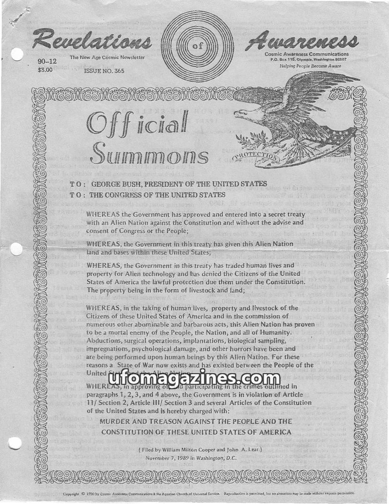 Cover of Cosmic Awareness - 1990 12 - alien implant ufo abduction greys zeta president karma draconian reptilian