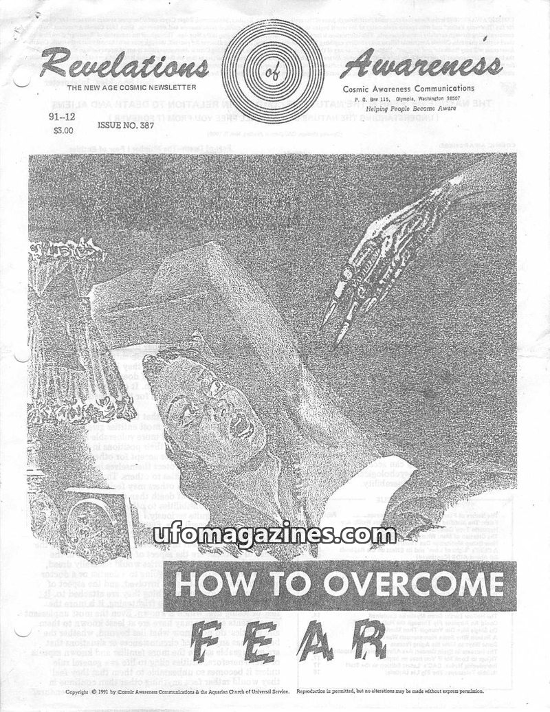 Cover of Cosmic Awareness - 1991 12 - alien health fear draconian reptilian implant afterlife death religion eye