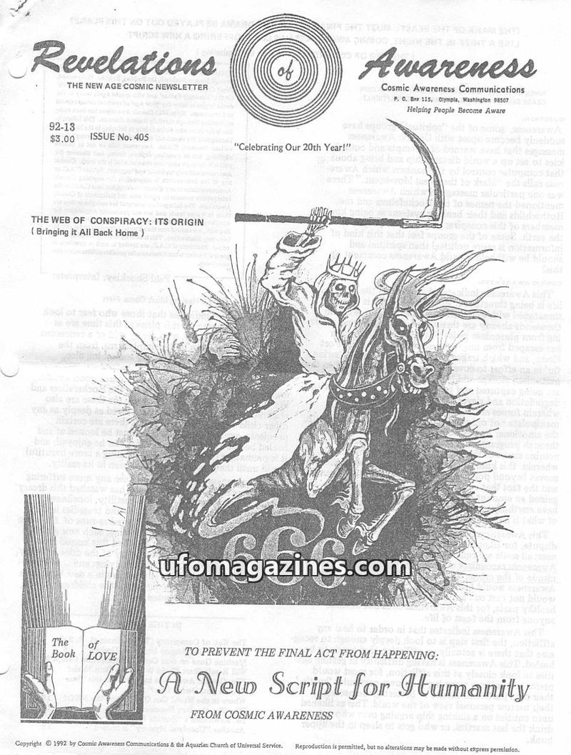 Cover of Cosmic Awareness - 1992 13 - alien war conspiracy nazi edgar cayce cosmic law web of conspiracy money ra material concentration