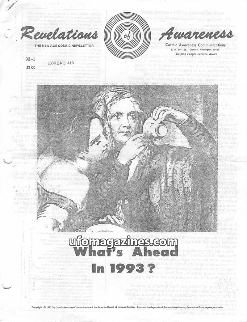 Cover of Cosmic Awareness - 1993 01 - alien politics clinton ufo perot money war california president health