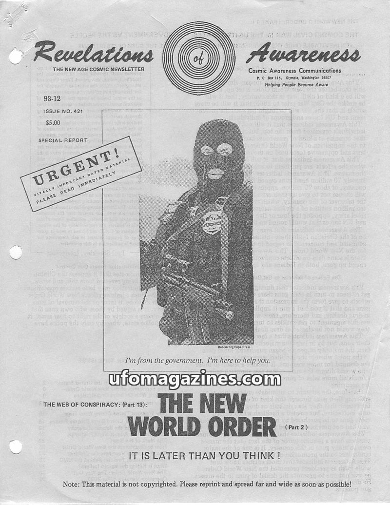 Cover of Cosmic Awareness - 1993 12 - new world order religion alien war christianity constitution health politics money implant