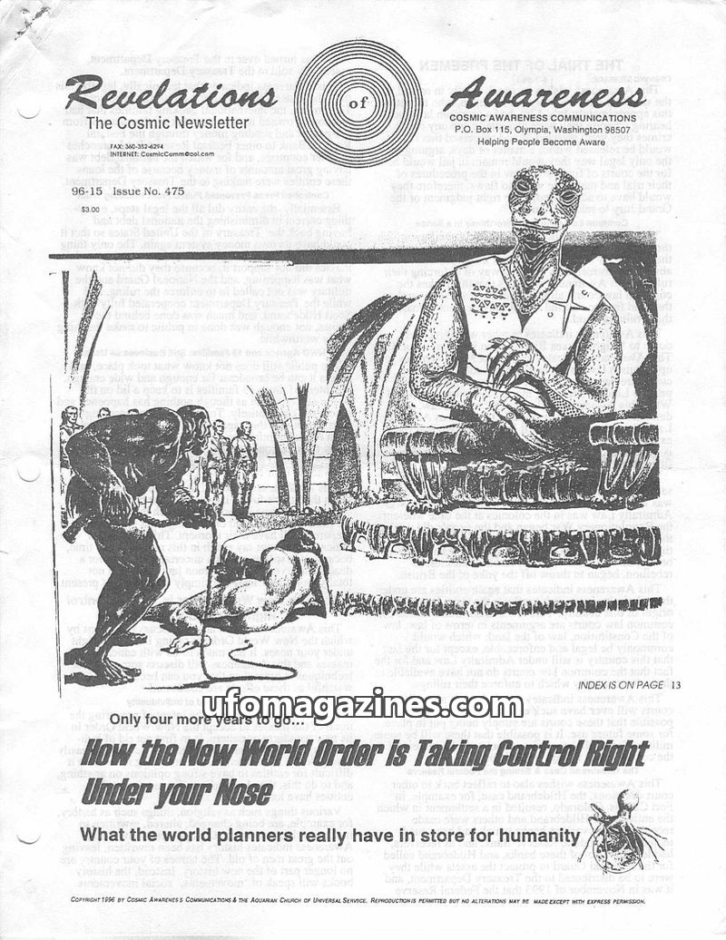 Cover of Cosmic Awareness - 1996 15 - health space religion asteroid comet alien bankers new world order military patriotism