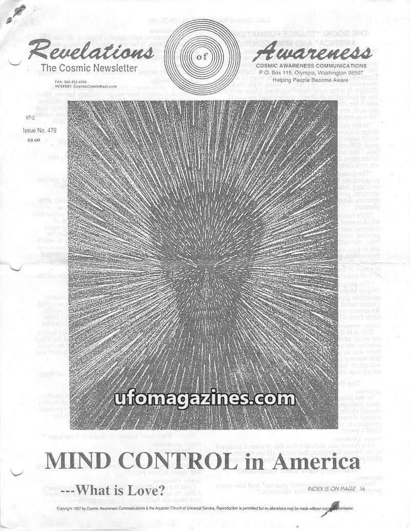 Cover of Cosmic Awareness - 1997 02 - new world order love karma god alien drug religion psychology mind cat