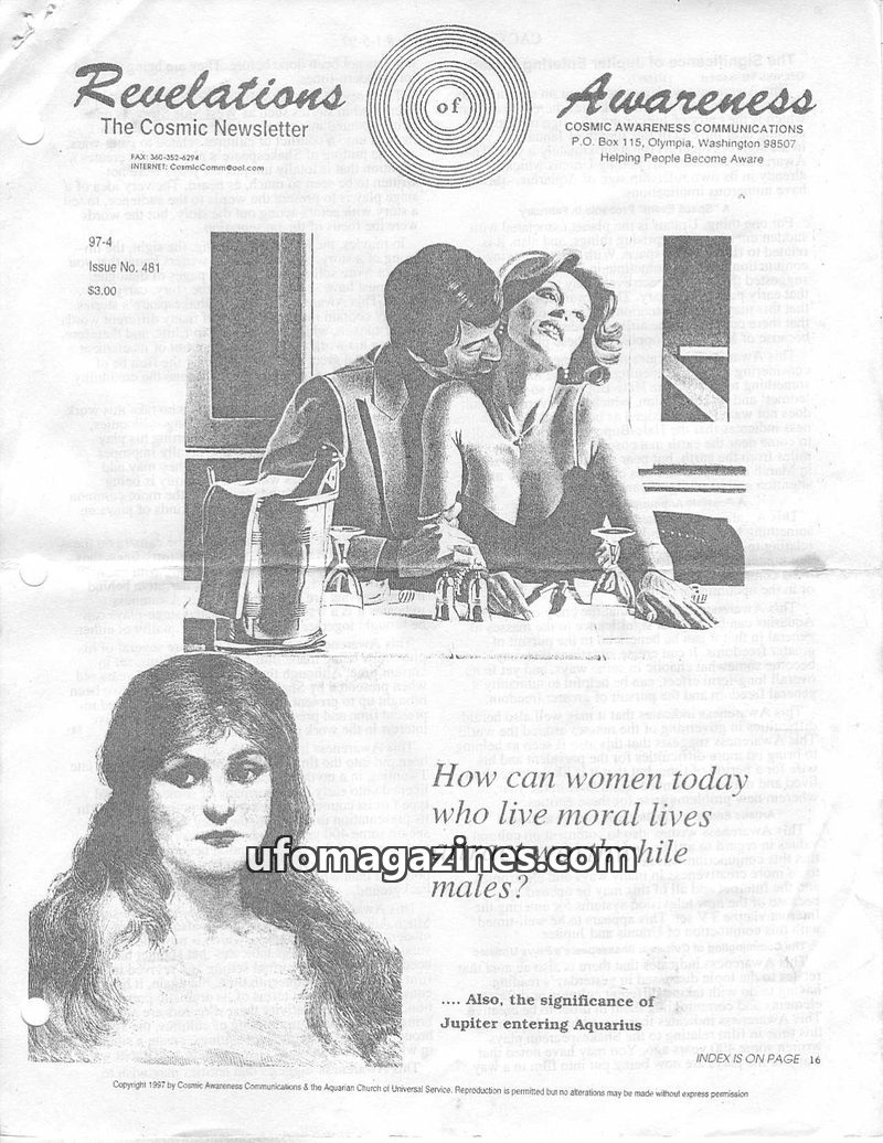 Cover of Cosmic Awareness - 1997 04 - religion christianity militia violence space astrology new world order alien karma catholic