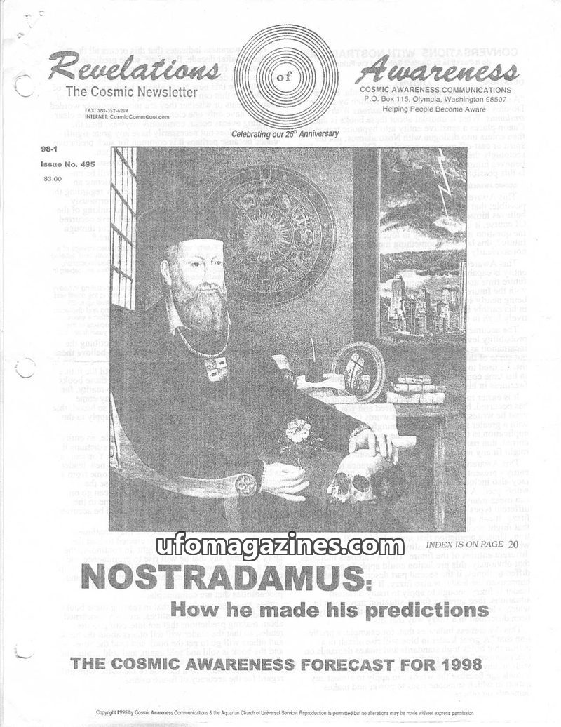 Cover of Cosmic Awareness - 1998 01 - love fear forecast prediction psychic space astrology nostradamus war disaster