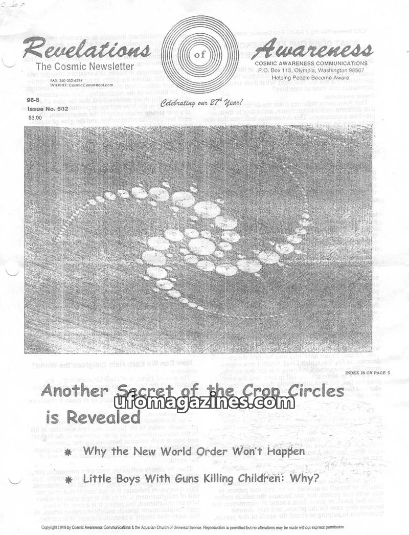 Cover of Cosmic Awareness - 1998 08 - alien health water love crop circle soul war copper sleep afterlife
