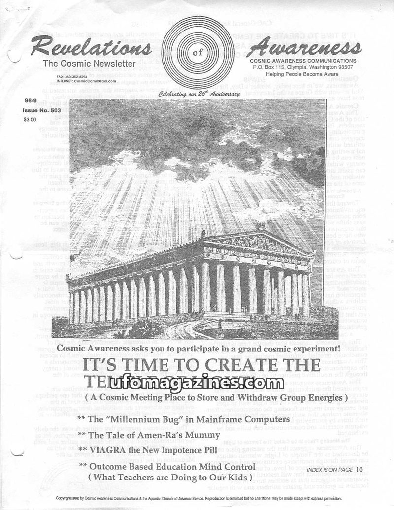 Cover of Cosmic Awareness - 1998 09 - health religion alien cancer herb space psychology medicine white light christianity