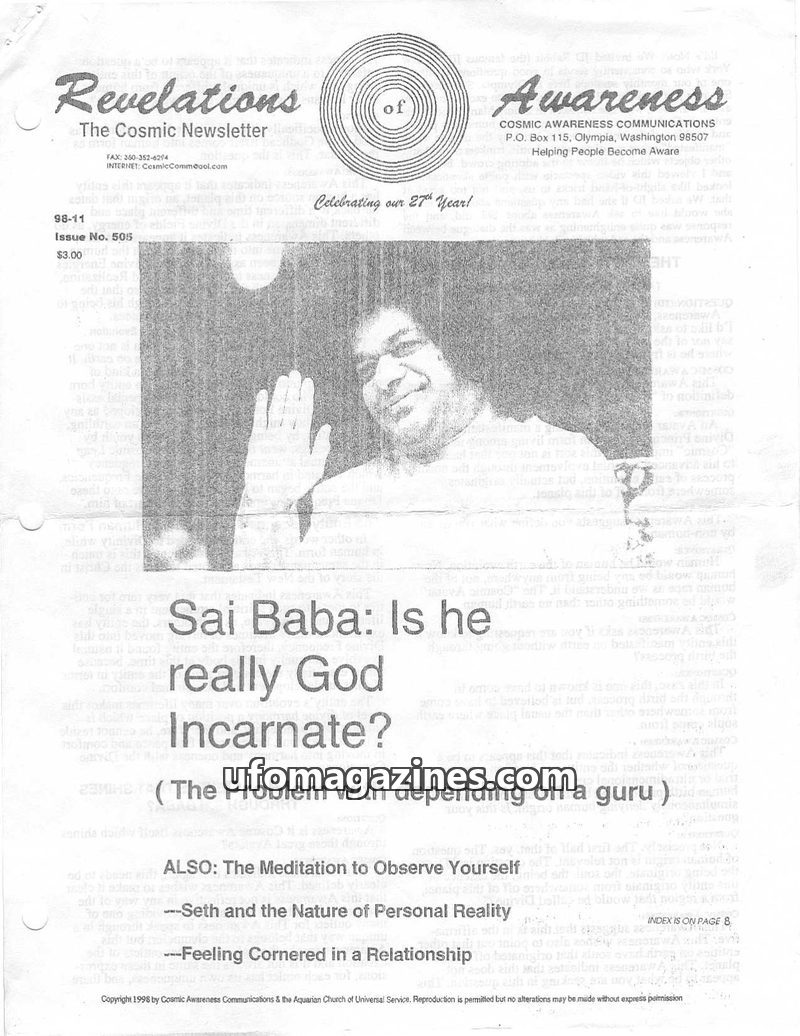 Cover of Cosmic Awareness - 1998 11 - god health religion sai baba psychology mind yoga subconscious evolution meditation