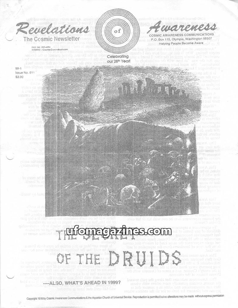 Cover of Cosmic Awareness - 1999 01 - druid alien atlantis memory loneliness religion secret psychology draconian mind