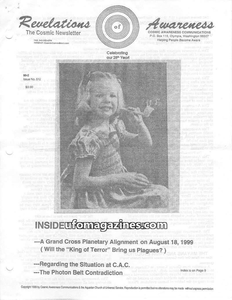 Cover of Cosmic Awareness - 1999 02 - alien god religion dowsing gold ascension surrender space mind psychology