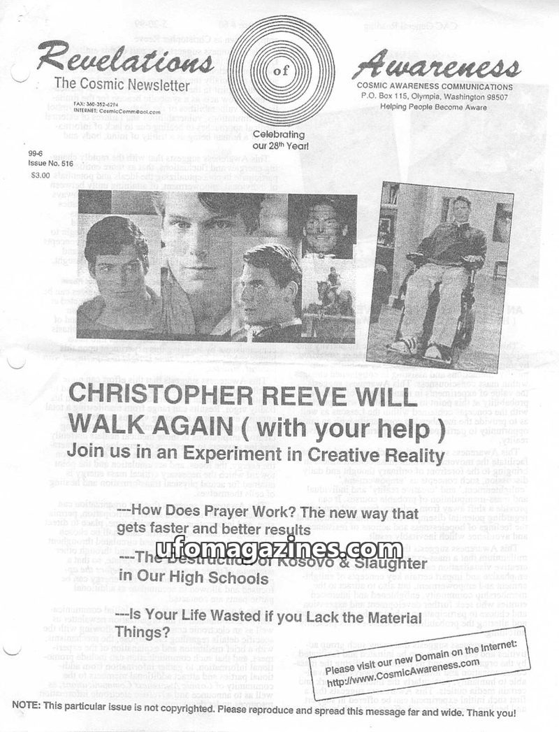 Cover of Cosmic Awareness - 1999 06 - religion prayer psychology health christianity mind heal pope alien cat