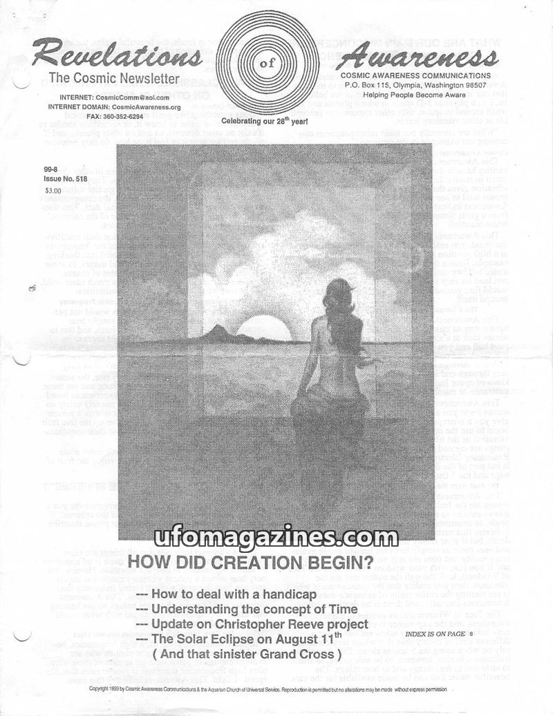 Cover of Cosmic Awareness - 1999 08 - cat vibration alien remote viewing chakra god water health firmament space