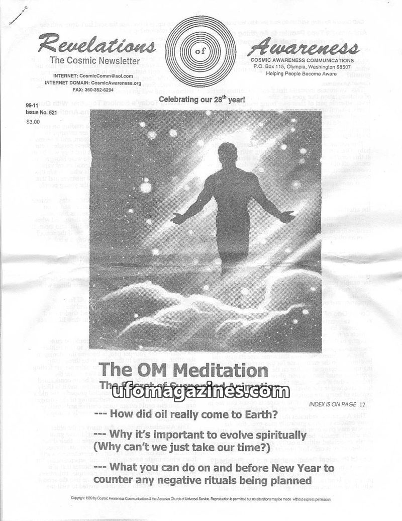 Cover of Cosmic Awareness - 1999 11 - mind psychology subconscious karma religion meditation breath soul health god