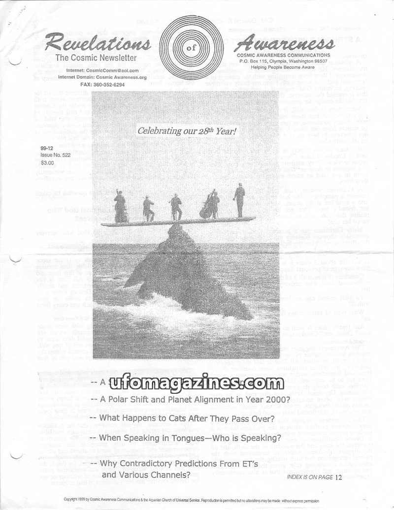 Cover of Cosmic Awareness - 1999 12 - alien religion cat race tarot channel gods forecast prediction holy grail