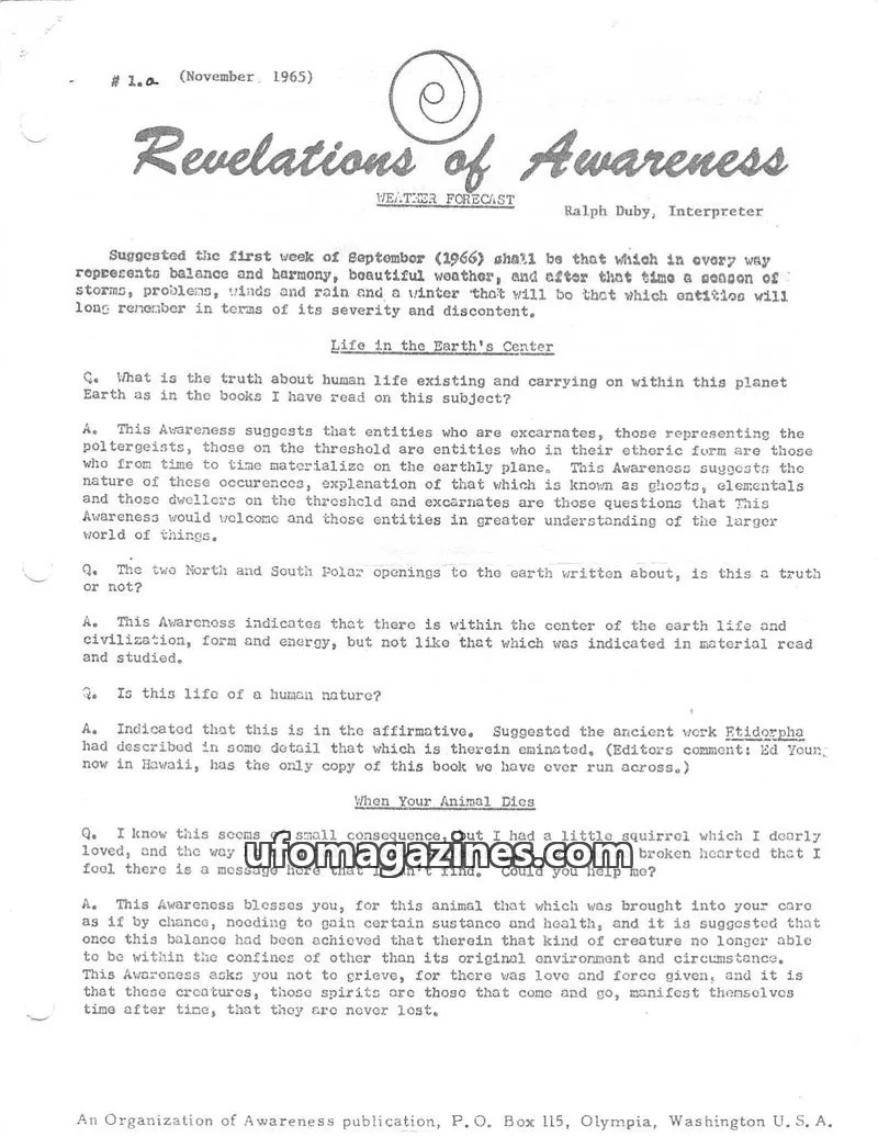 Cover of An Organization of Awareness publication issue 1.0: Revelations of Awareness