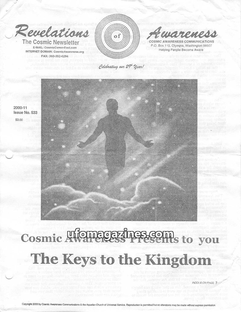 Cover of Cosmic Awareness - 2000 11 - channel alien circumcision health religion guilt psychology realians draconian reptilian